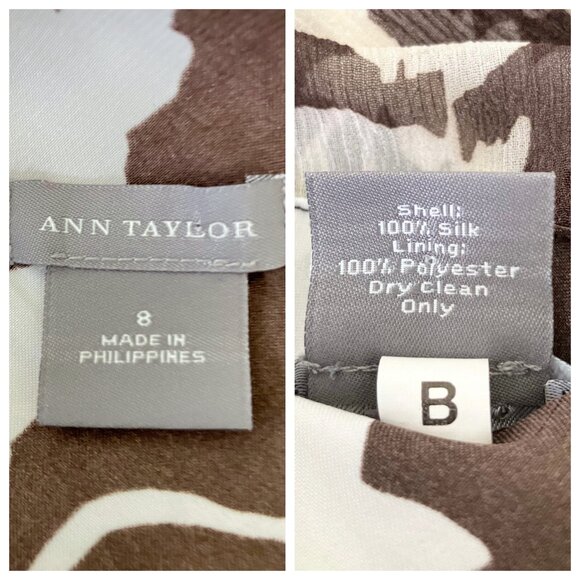 Vintage Y2K 100% Silk Ann Taylor Brown White Floral Midi Dress S/M Size 8 V Neck - Picture 13 of 14